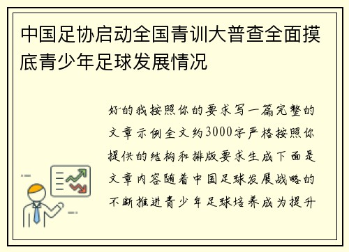 中国足协启动全国青训大普查全面摸底青少年足球发展情况