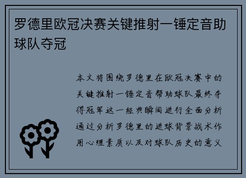 罗德里欧冠决赛关键推射一锤定音助球队夺冠